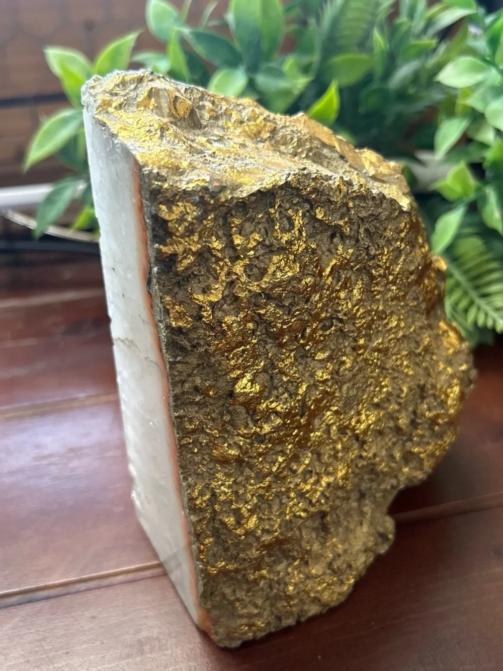 Quartz Stone Block 3 lb. 9 oz. Gold Leaf Embellished Table Sculpture Home Decor